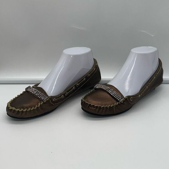 Beverly Feldman Flushed Vintage Metallic Rhinestone Kitten Heel Loafers - Picture 10 of 12